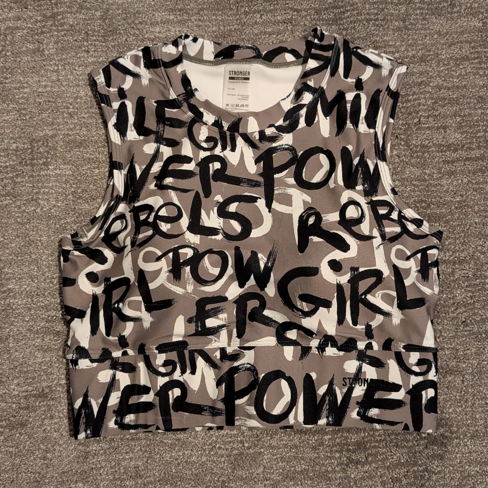 Stronger Womens Scribble Athletic Crop Top Sports Bra - Gray Black and White XL